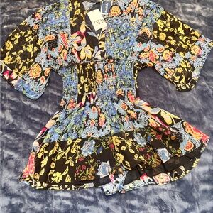 Zara Black Floral Short Romper with Blue, Yellow & Pink Details